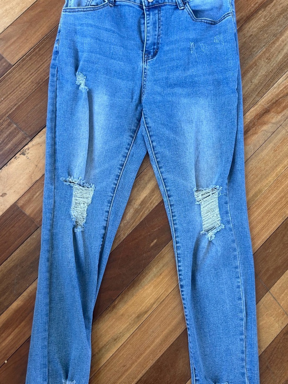 Sidefeel Women's Distressed Stretchy Blue Denim Jeans – Size 12